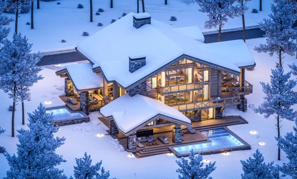 Rendering Von Modernen Gemütlichen Chalet Mit Pool Und Parkplatz Zum — Stockfoto