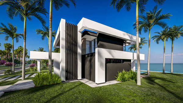 3D рендеринг современного уютного дома с бассейном и парковкой для продажи или аренды в роскошном стиле у моря или океана. Солнечный день у лазурного побережья с пальмами и цветами на тропическом острове