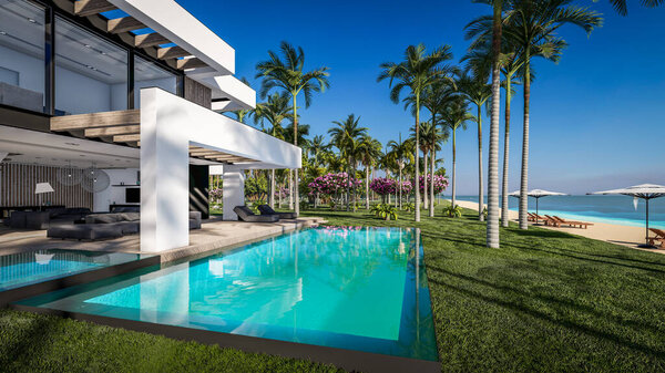 3D рендеринг современного уютного дома с бассейном и парковкой для продажи или аренды в роскошном стиле у моря или океана. Солнечный день у лазурного побережья с пальмами и цветами на тропическом острове