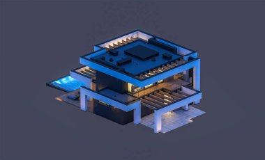 Havuzu ve park yeri olan modern konforlu bir evin 3 boyutlu tasarımı. Satılık ya da lüks tarzda. Gece vakti. Siyah üzerine izole edilmiş..