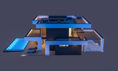 Havuzu ve park yeri olan modern konforlu bir evin 3 boyutlu tasarımı. Satılık ya da lüks tarzda. Gece vakti. Siyah üzerine izole edilmiş..