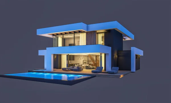 三维渲染现代舒适的房子 带有游泳池和停车场供出售或以豪华风格出租 在晚上 被隔离在黑暗中 — 图库照片