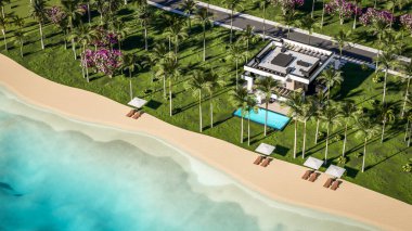 Havuzu ve satılık park yeri olan ya da deniz ya da okyanus kenarında lüks tarzda kiralanan modern konforlu bir ev. Tropikal adada palmiye ağaçları ve çiçeklerle masmavi sahilde güneşli bir gün.