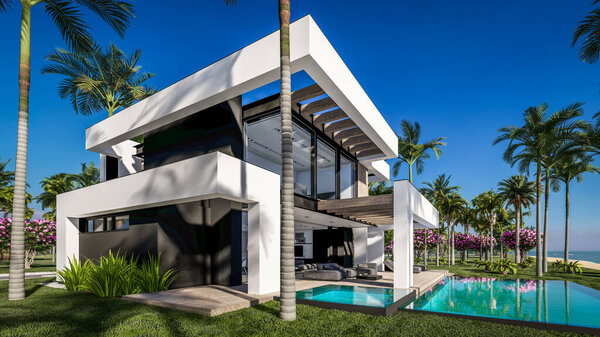 3D рендеринг современного уютного дома с бассейном и парковкой для продажи или аренды в роскошном стиле у моря или океана. Солнечный день у лазурного побережья с пальмами и цветами на тропическом острове