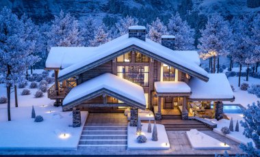 Havuzu ve kiralık park yeri olan modern konforlu bir dağ evi. Arka planda güzel orman dağları. Devasa kereste kirişleri. Gökyüzündeki yıldızlarla serin bir kış gecesi.