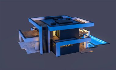 Havuzu ve park yeri olan modern konforlu bir evin 3 boyutlu tasarımı. Satılık ya da lüks tarzda. Gece vakti. Siyah üzerine izole edilmiş..