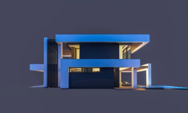 Havuzu ve park yeri olan modern konforlu bir evin 3 boyutlu tasarımı. Satılık ya da lüks tarzda. Gece vakti. Siyah üzerine izole edilmiş..