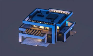 Havuzu ve park yeri olan modern konforlu bir evin 3 boyutlu tasarımı. Satılık ya da lüks tarzda. Gece vakti. Siyah üzerine izole edilmiş..