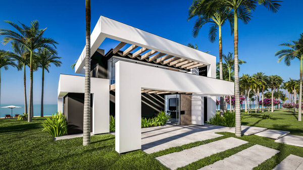 3D рендеринг современного уютного дома с бассейном и парковкой для продажи или аренды в роскошном стиле у моря или океана. Солнечный день у лазурного побережья с пальмами и цветами на тропическом острове