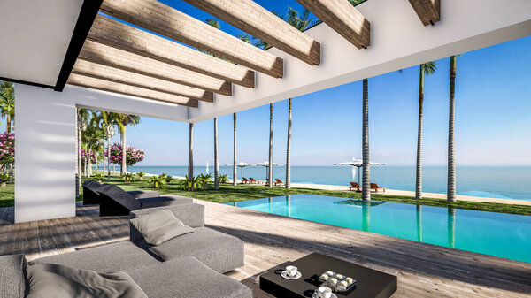 3D рендеринг современного уютного дома с бассейном и парковкой для продажи или аренды в роскошном стиле у моря или океана. Солнечный день у лазурного побережья с пальмами и цветами на тропическом острове