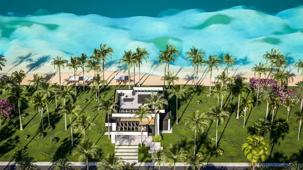 3D展示现代化舒适的房子 配有游泳池和停车场供出售或在海边以豪华风格出租 阳光普照的海边 热带岛屿上有棕榈树和花朵 — 图库照片