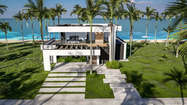 3D展示现代化舒适的房子 配有游泳池和停车场供出售或在海边以豪华风格出租 阳光普照的海边 热带岛屿上有棕榈树和花朵 — 图库照片