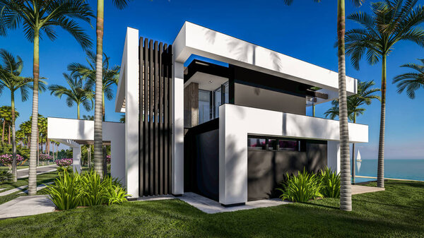 3D рендеринг современного уютного дома с бассейном и парковкой для продажи или аренды в роскошном стиле у моря или океана. Солнечный день у лазурного побережья с пальмами и цветами на тропическом острове
