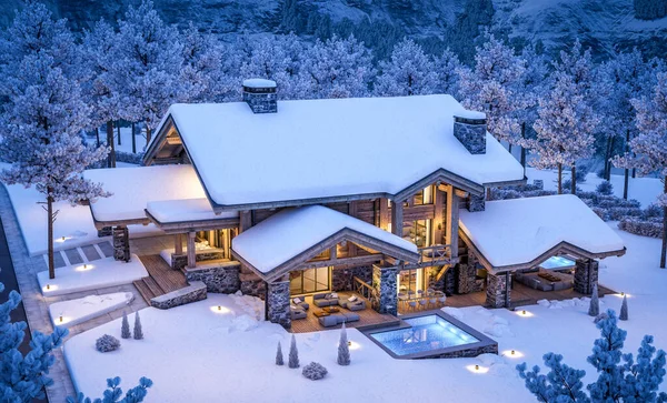 Rendering Von Modernen Gemütlichen Chalet Mit Pool Und Parkplatz Zum — Stockfoto