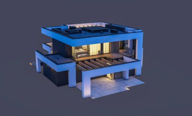 Havuzu ve park yeri olan modern konforlu bir evin 3 boyutlu tasarımı. Satılık ya da lüks tarzda. Gece vakti. Siyah üzerine izole edilmiş..