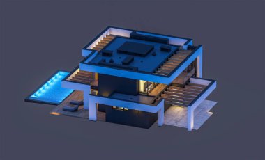 Havuzu ve park yeri olan modern konforlu bir evin 3 boyutlu tasarımı. Satılık ya da lüks tarzda. Gece vakti. Siyah üzerine izole edilmiş..