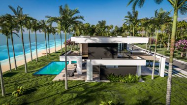 Havuzu ve satılık park yeri olan ya da deniz ya da okyanus kenarında lüks tarzda kiralanan modern konforlu bir ev. Tropikal adada palmiye ağaçları ve çiçeklerle masmavi sahilde güneşli bir gün.