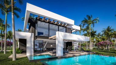 Havuzu ve satılık park yeri olan ya da deniz ya da okyanus kenarında lüks tarzda kiralanan modern konforlu bir ev. Tropikal adada palmiye ağaçları ve çiçeklerle masmavi sahilde güneşli bir gün.