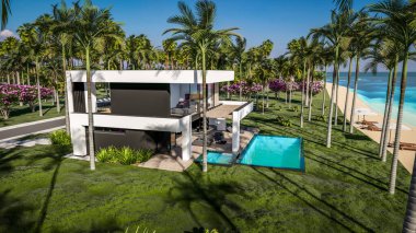 Havuzu ve satılık park yeri olan ya da deniz ya da okyanus kenarında lüks tarzda kiralanan modern konforlu bir ev. Tropikal adada palmiye ağaçları ve çiçeklerle masmavi sahilde güneşli bir gün.