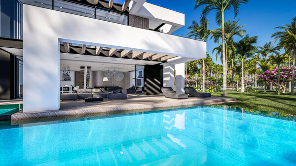 3D рендеринг современного уютного дома с бассейном и парковкой для продажи или аренды в роскошном стиле у моря или океана. Солнечный день у лазурного побережья с пальмами и цветами на тропическом острове