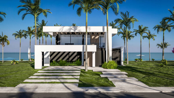 3D рендеринг современного уютного дома с бассейном и парковкой для продажи или аренды в роскошном стиле у моря или океана. Солнечный день у лазурного побережья с пальмами и цветами на тропическом острове