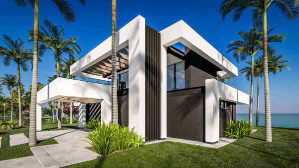3D рендеринг современного уютного дома с бассейном и парковкой для продажи или аренды в роскошном стиле у моря или океана. Солнечный день у лазурного побережья с пальмами и цветами на тропическом острове