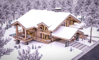 Havuzu ve kiralık park yeri olan modern konforlu bir dağ evi. Arka planda güzel orman dağları. Devasa kereste kirişleri. Serin bir kış akşamıydı pencerelerden gelen sıcak ışıkla