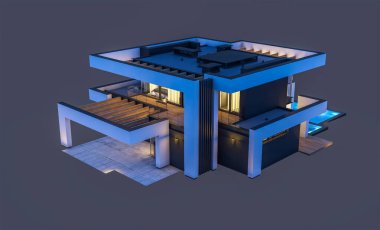 Havuzu ve park yeri olan modern konforlu bir evin 3 boyutlu tasarımı. Satılık ya da lüks tarzda. Gece vakti. Siyah üzerine izole edilmiş..