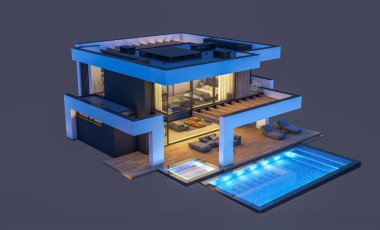 Havuzu ve park yeri olan modern konforlu bir evin 3 boyutlu tasarımı. Satılık ya da lüks tarzda. Gece vakti. Siyah üzerine izole edilmiş..