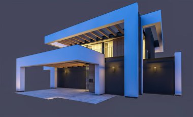 Havuzu ve park yeri olan modern konforlu bir evin 3 boyutlu tasarımı. Satılık ya da lüks tarzda. Gece vakti. Siyah üzerine izole edilmiş..