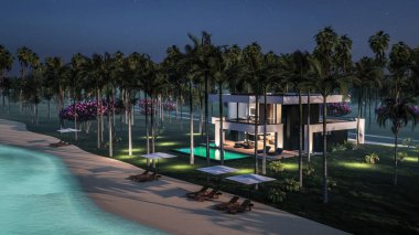 Havuzu ve satılık park yeri olan ya da deniz ya da okyanus kenarında lüks tarzda kiralanan modern konforlu bir ev. Tropikal adada palmiye ağaçları ve çiçeklerle masmavi sahilde yıldız ışığı gecesi