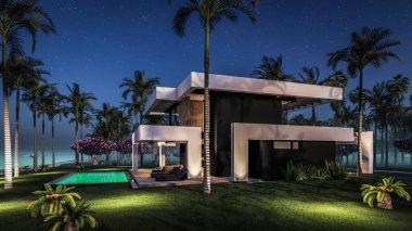 Havuzu ve satılık park yeri olan ya da deniz ya da okyanus kenarında lüks tarzda kiralanan modern konforlu bir ev. Tropikal adada palmiye ağaçları ve çiçeklerle masmavi sahilde yıldız ışığı gecesi