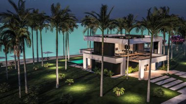 Havuzu ve satılık park yeri olan ya da deniz ya da okyanus kenarında lüks tarzda kiralanan modern konforlu bir ev. Tropikal adada palmiye ağaçları ve çiçeklerle masmavi sahilde yıldız ışığı gecesi