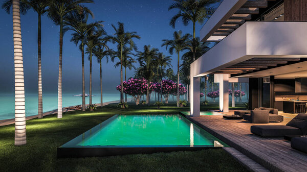 3D рендеринг современного уютного дома с бассейном и парковкой для продажи или аренды в роскошном стиле у моря или океана. Звездная ночь на лазурном побережье с пальмами и цветами на острове Тал