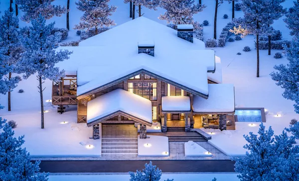 Rendering Von Modernen Gemütlichen Chalet Mit Pool Und Parkplatz Zum — Stockfoto