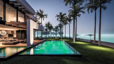 Havuzu ve satılık park yeri olan ya da deniz ya da okyanus kenarında lüks tarzda kiralanan modern konforlu bir ev. Tropikal adada palmiye ağaçları ve çiçeklerle masmavi sahilde yıldız ışığı gecesi