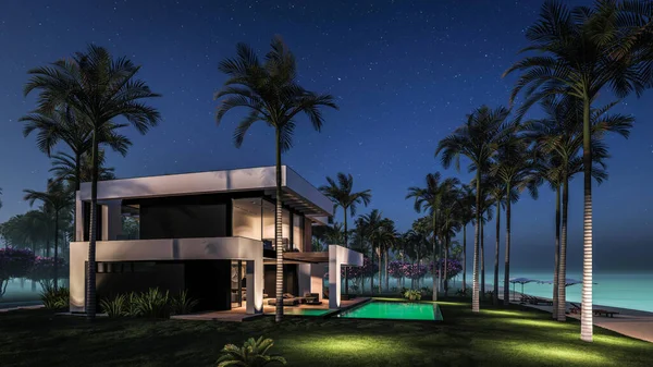 3D展示现代化舒适的房子 配有游泳池和停车场供出售或在海边以豪华风格出租 热带岛屿上的星夜 碧绿的海岸上 长着棕榈树和花朵 — 图库照片