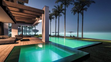 Havuzu ve satılık park yeri olan ya da deniz ya da okyanus kenarında lüks tarzda kiralanan modern konforlu bir ev. Tropikal adada palmiye ağaçları ve çiçeklerle masmavi sahilde yıldız ışığı gecesi