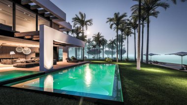 Havuzu ve satılık park yeri olan ya da deniz ya da okyanus kenarında lüks tarzda kiralanan modern konforlu bir ev. Tropikal adada palmiye ağaçları ve çiçeklerle masmavi sahilde yıldız ışığı gecesi