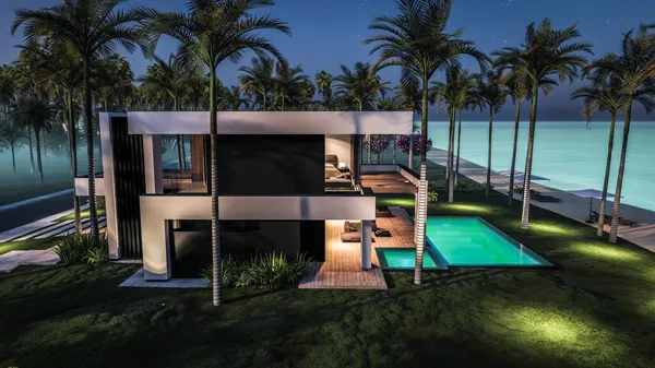 3D展示现代化舒适的房子 配有游泳池和停车场供出售或在海边以豪华风格出租 热带岛屿上的星夜 碧绿的海岸上 长着棕榈树和花朵 — 图库照片