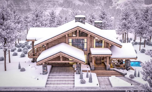 Rendering Modern Cozy Chalet Dengan Kolam Renang Dan Parkir Untuk — Stok Foto