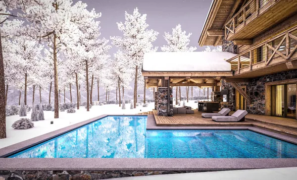 3d rendering of modern cozy chalet with pool and parking for sale or rent. Beautiful forest mountains on background. Massive timber beams columns. Cool winter evening with cozy light from windows