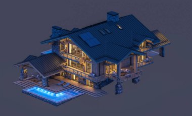 Havuzu ve kiralık park yeri olan modern konforlu bir dağ evi. Devasa kereste kirişleri. Gece vakti. Siyah üzerine izole edilmiş.