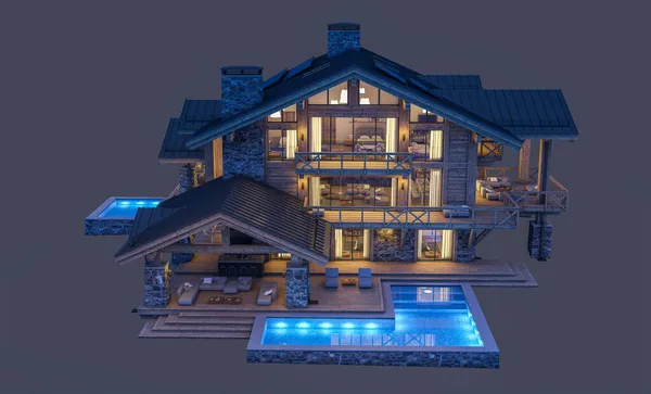 Rendering Von Modernen Gemütlichen Chalet Mit Pool Und Parkplatz Zum — Stockfoto