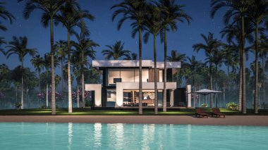 Havuzu ve satılık park yeri olan ya da deniz ya da okyanus kenarında lüks tarzda kiralanan modern konforlu bir ev. Tropikal adada palmiye ağaçları ve çiçeklerle masmavi sahilde yıldız ışığı gecesi