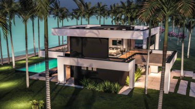 Havuzu ve satılık park yeri olan ya da deniz ya da okyanus kenarında lüks tarzda kiralanan modern konforlu bir ev. Tropikal adada palmiye ağaçları ve çiçeklerle masmavi sahilde yıldız ışığı gecesi