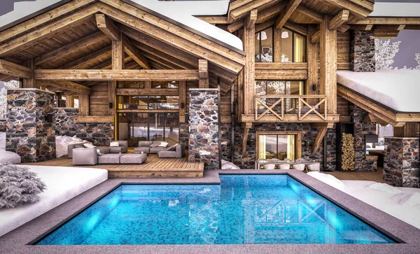 Rendering Modern Cozy Chalet Dengan Kolam Renang Dan Parkir Untuk — Stok Foto