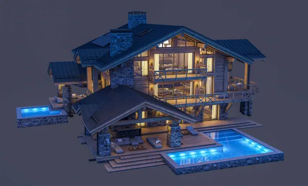 Rendering Modern Cozy Chalet Pool Parking Sale Rent Massive Timber — Stock Photo, Image