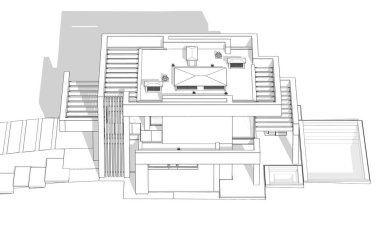 Havuzu ve park yeri olan modern konforlu bir evin 3 boyutlu tasarımı. Satılık ya da lüks tarzda. Beyaz zemin üzerinde yumuşak ışık gölgeleri olan siyah çizgi çizimi