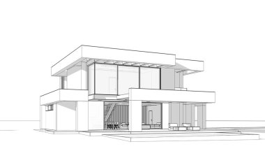 Havuzu ve park yeri olan modern konforlu bir evin 3 boyutlu tasarımı. Satılık ya da lüks tarzda. Beyaz zemin üzerinde yumuşak ışık gölgeleri olan siyah çizgi çizimi